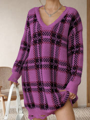 Pink Purple plaid knit tunic with distressed hem and V-neck.