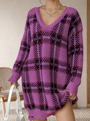 Pink Purple plaid knit tunic with distressed hem and V-neck.