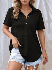 Black waffle knit polo shirt with short sleeves and button detail