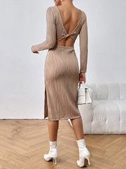 Textured backless midi dress in tan with long sleeves and a deep V-back.