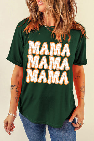 Dark green cotton blend t-shirt with retro floral "MAMA" graphic