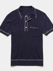 Navy ribbed knit polo shirt with contrast piping and chest pocket.
