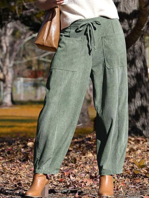Sage corduroy wide-leg pants with drawstring waist and pockets