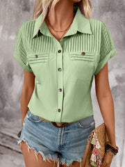Light Green polyester button-down shirt with pleated yoke and pockets.