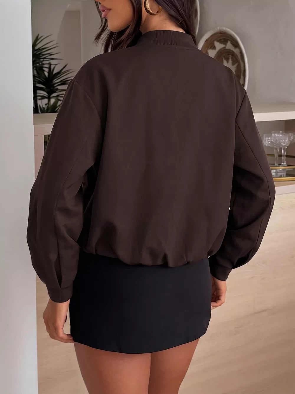Zip Up Dropped Shoulder Jacket in Coffee Brown, fabric detail