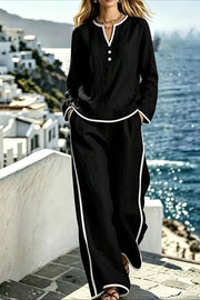 Contrast Trim Long Sleeve Top And Pants Set in Light Blue, alternate angle