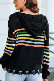 Black knit hoodie with rainbow stripes on sleeves and distressed hem