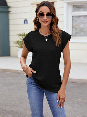 Black textured cap-sleeve tee with subtle knit and crew neck.