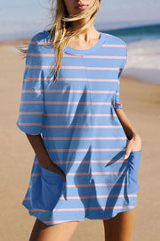 Relaxed V-neck Striped Romper With Pockets