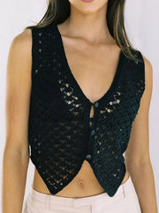 Black crochet button-down cropped vest with V-neck and open knit detail