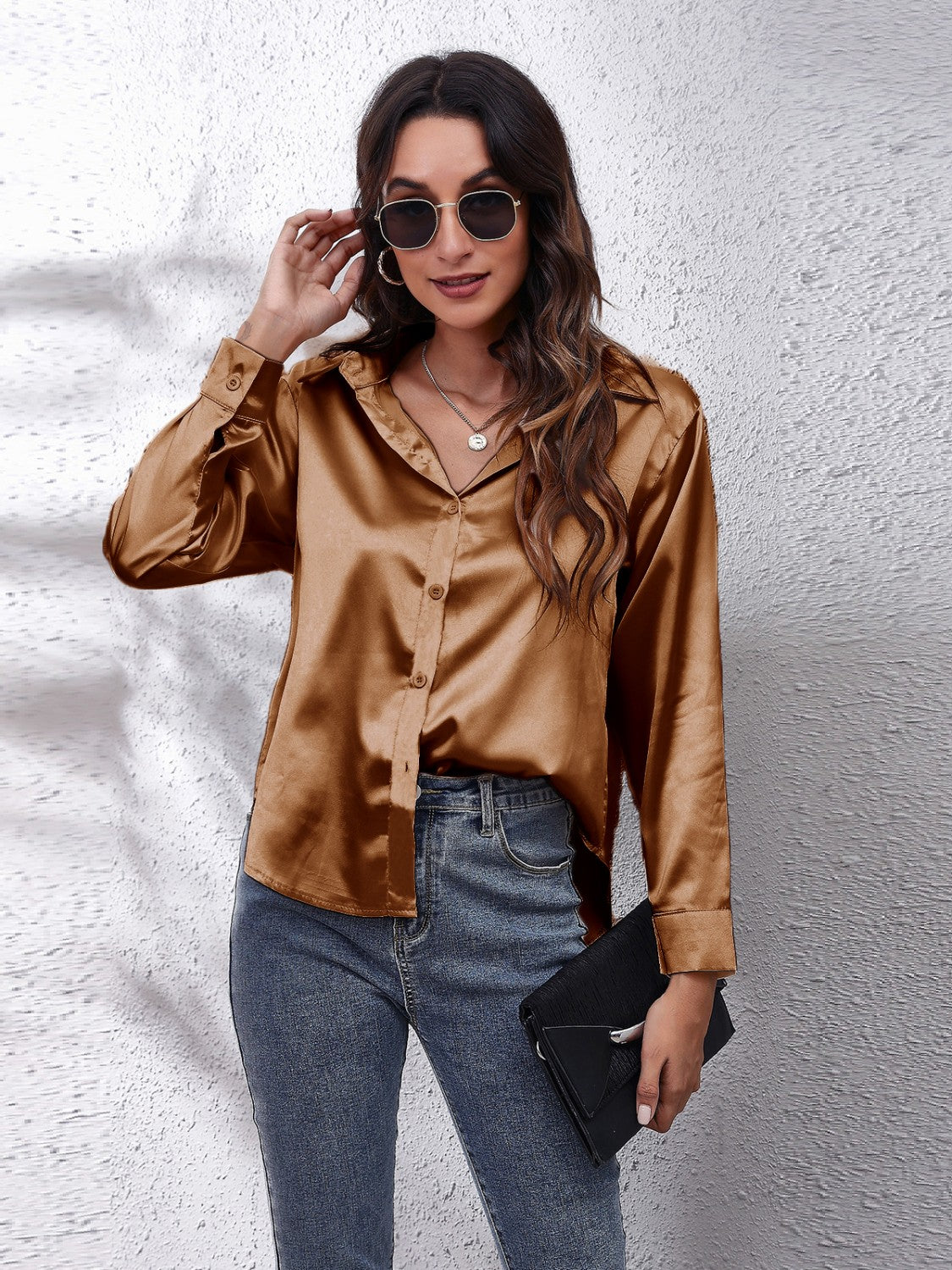 Luxe satin collared button-down shirt in Camel, featuring a relaxed fit and long sleeves.