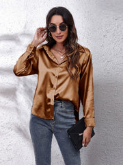 Luxe satin collared button-down shirt in Camel, featuring a relaxed fit and long sleeves.
