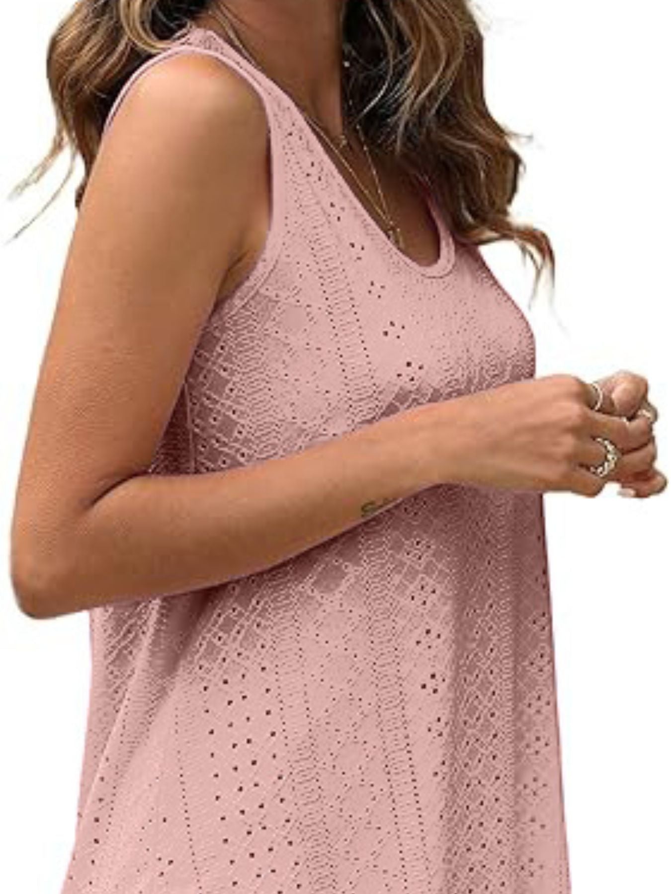 Dusty Pink eyelet scoop neck tank top with intricate patterns.