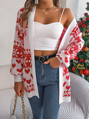 Festive jacquard open-front cardigan in white with red hearts and snowflakes pattern, acrylic knit.