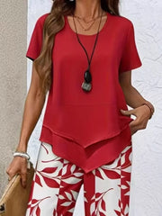 Chic Layered Top & Leaf Print Pants Set