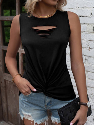 Black knot tank top with cutout detail and ripped denim shorts