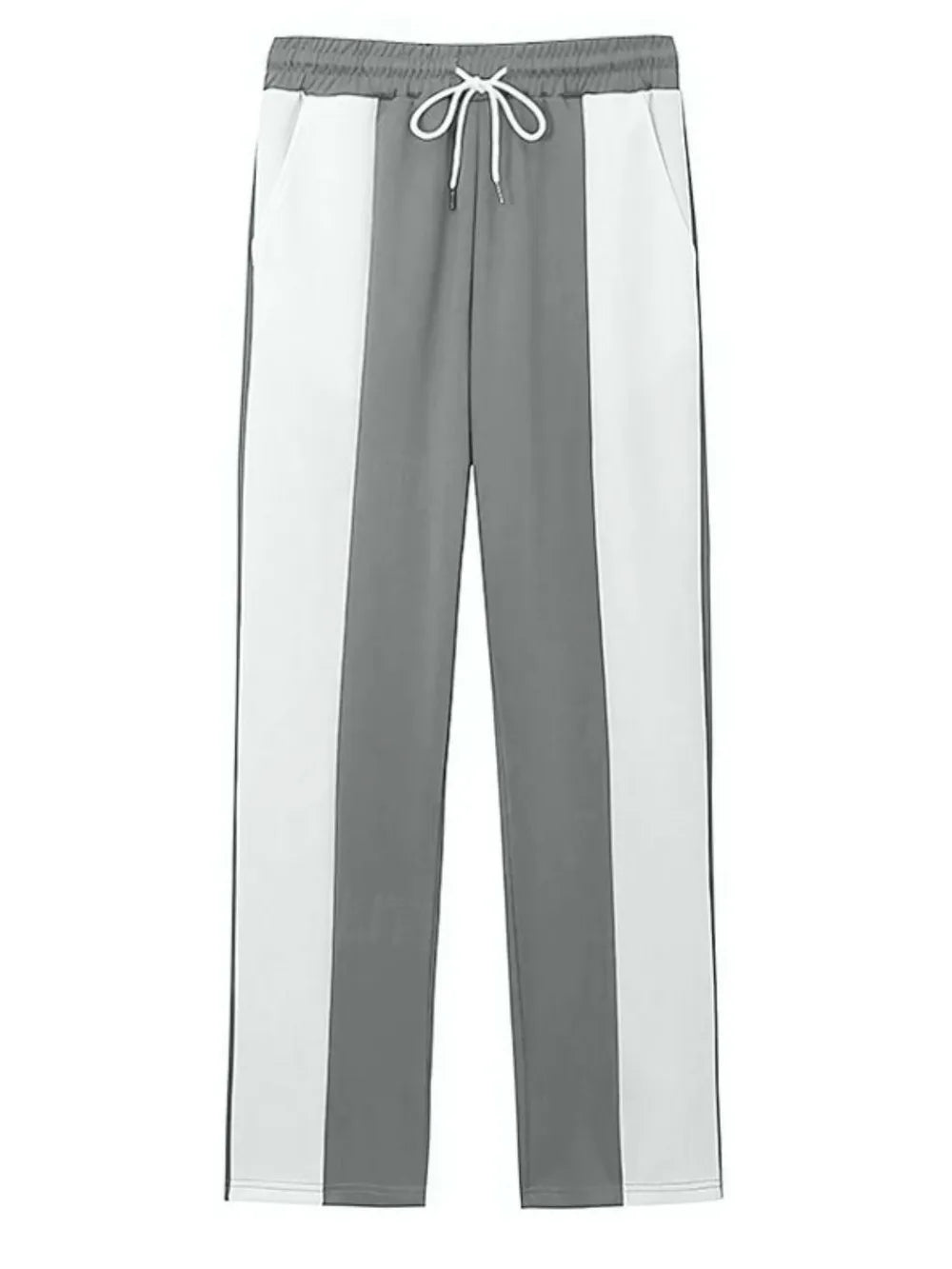 Panelled track pants in gray and white with drawstring waist.