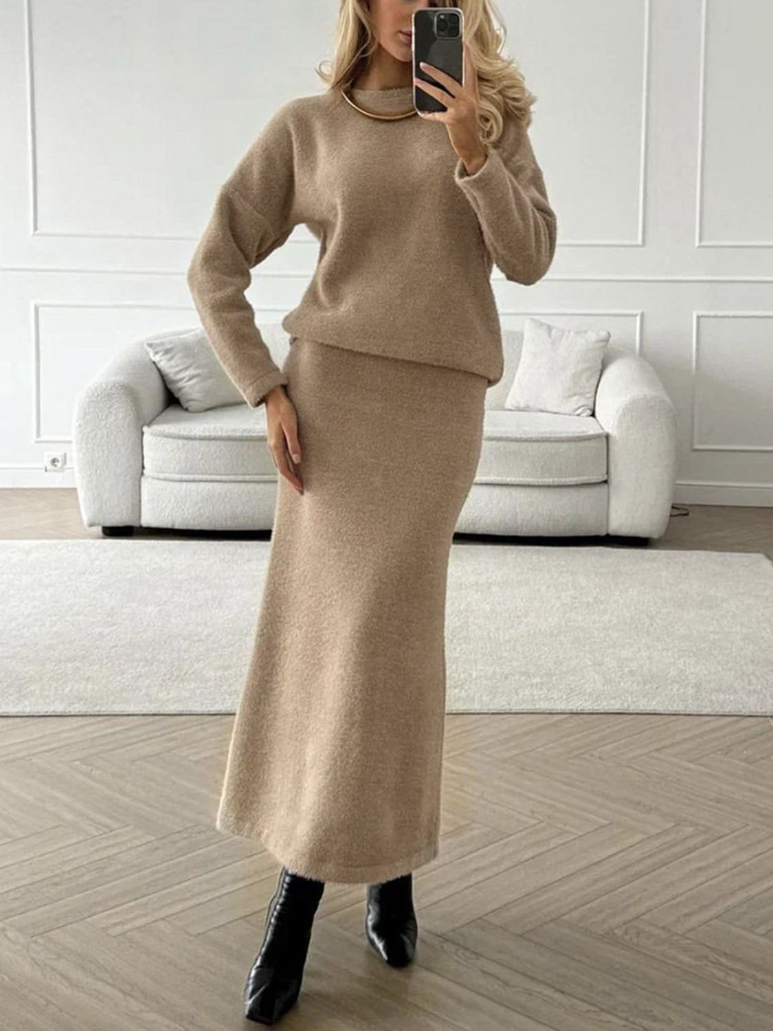 Tan textured knit co-ord set with relaxed silhouette sweater and maxi skirt.