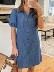 Button-down denim dress with puffed sleeves and a corduroy collar.