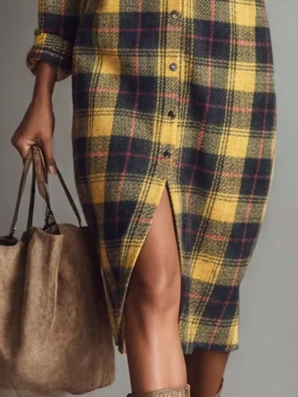 Plaid Shirt Dress With Side Slit in Yellow, side view