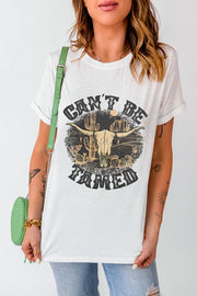 White cotton blend graphic tee with bull skull and cactus desert scene, "Can't Be Tamed" text.