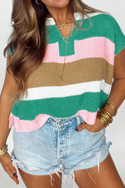 Colorblock knit v-neck tee with short sleeves in multicolor stripes.