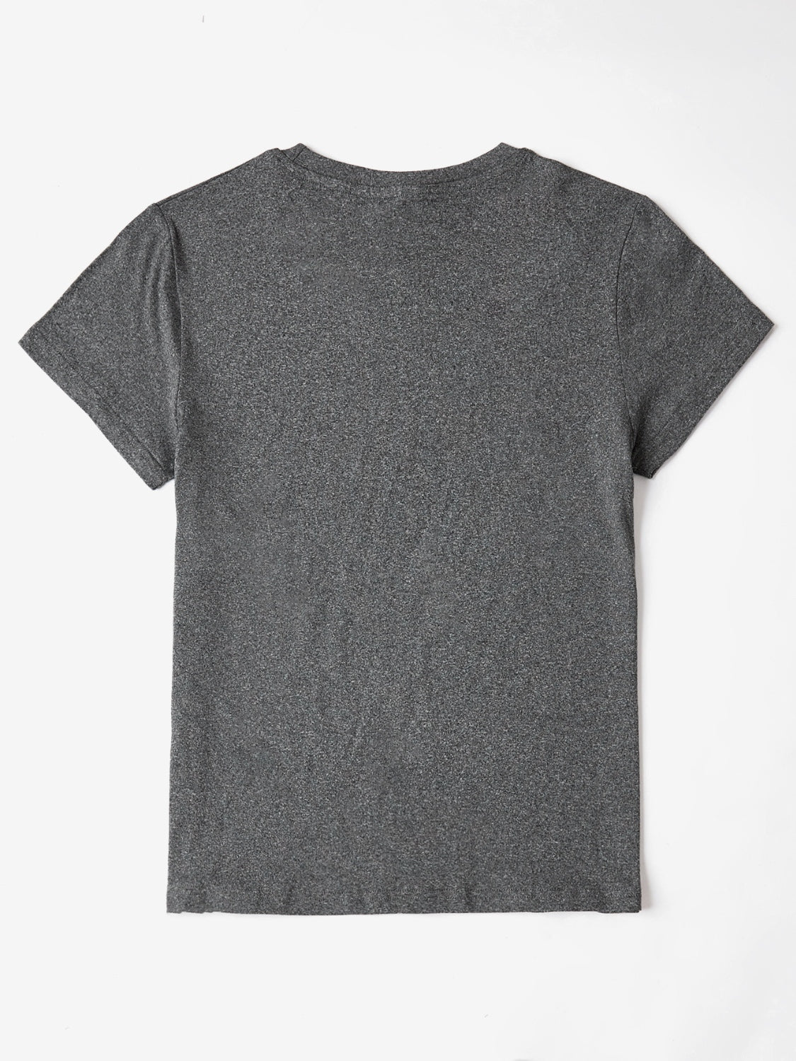 Dark gray heathered t-shirt with short sleeves and a crew neck.