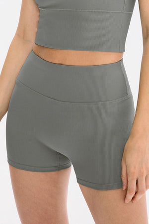 Ribbed sculpting active shorts in dark gray with a high waist and seamless design.