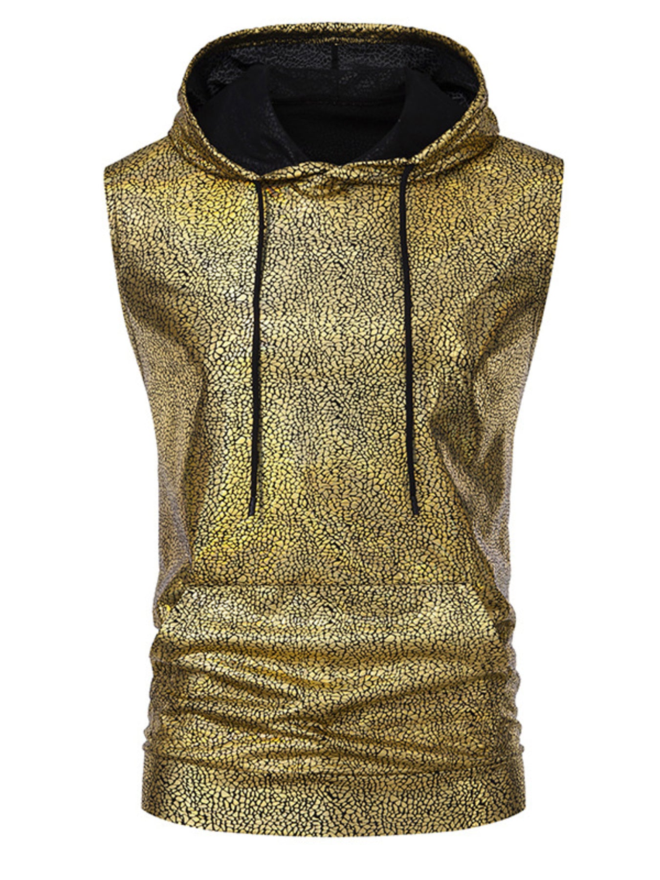 Gold iridescent sleeveless hooded tank top with cracked pattern and black drawstring.