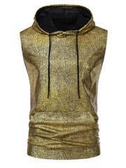 Gold iridescent sleeveless hooded tank top with cracked pattern and black drawstring.