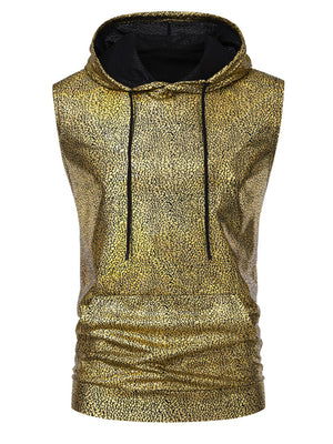 Gold iridescent sleeveless hooded tank top with cracked pattern and black drawstring.