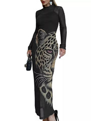 Leopard Print Mesh Long Sleeve Maxi Dress in Black, side view
