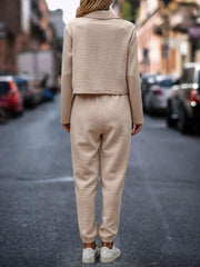 Tan quilted co-ord set with cropped jacket and joggers