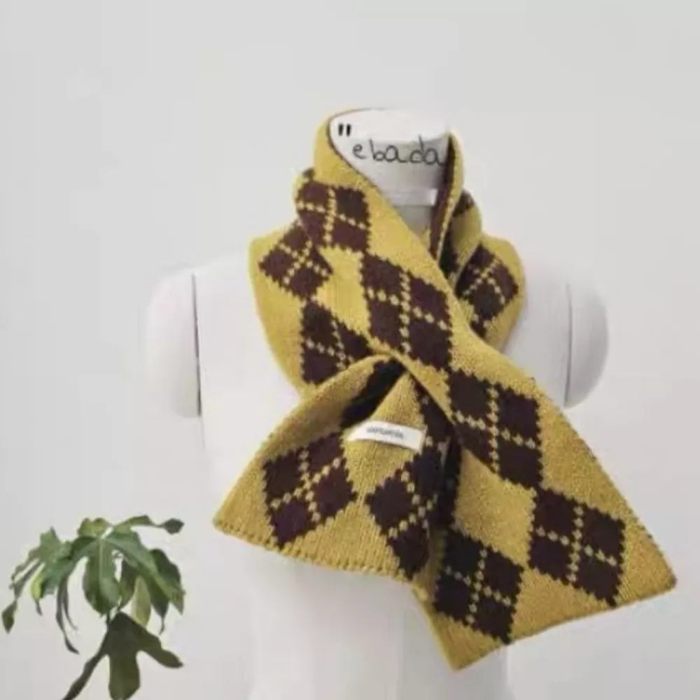 Cozy argyle pattern wool scarf in mustard yellow and brown.