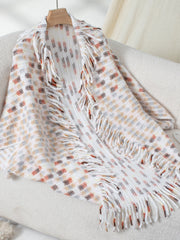 Textured fringe shawl cardigan in white with multicolor pattern and fringe detail