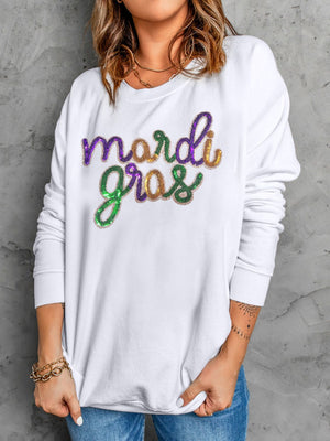 White cotton sweatshirt with Mardi Gras sequin script design