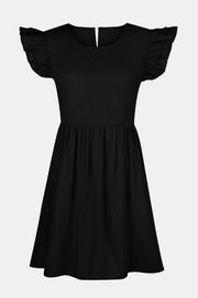 Black denim babydoll dress with ruffled short sleeves and a gathered waist.