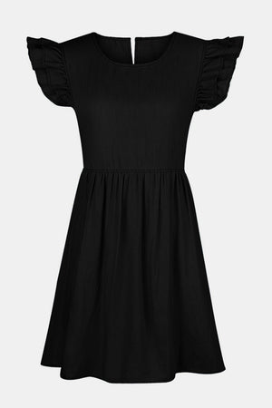 Black denim babydoll dress with ruffled short sleeves and a gathered waist.