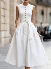 Sleeveless Button-front Belted Midi Dress Plus Size, close-up detail