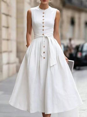 Sleeveless Button-front Belted Midi Dress Plus Size, close-up detail