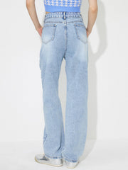 Light wash embroidered pocket denim jeans with a relaxed fit.