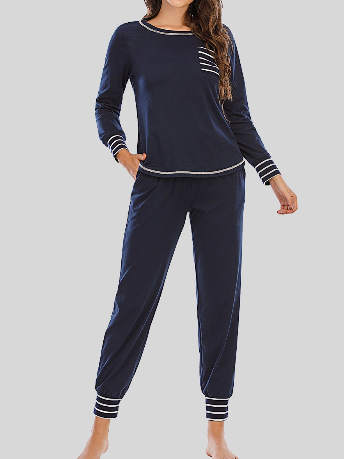 Dark Navy loungewear set with striped trim on neckline, cuffs, and pocket.