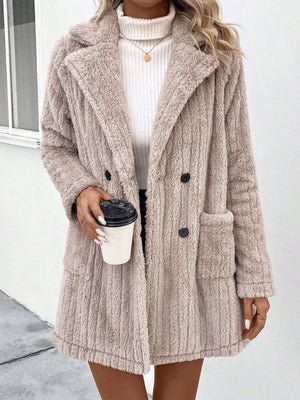 Textured teddy bear double-breasted overcoat in Dust Storm with button details and pockets.
