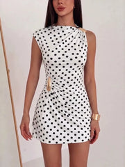 Ruched Asymmetrical Sleeveless Mini Dress in White, fit detail