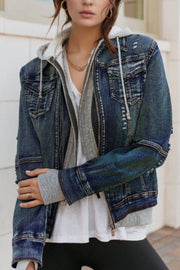Hybrid denim jacket with grey hooded layer and distressed details