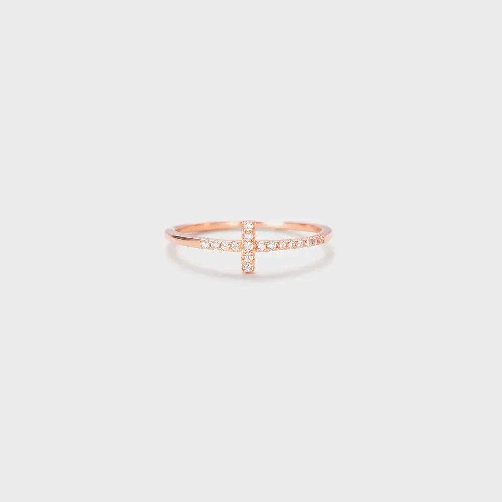Rose gold pavé cross ring with sterling silver band