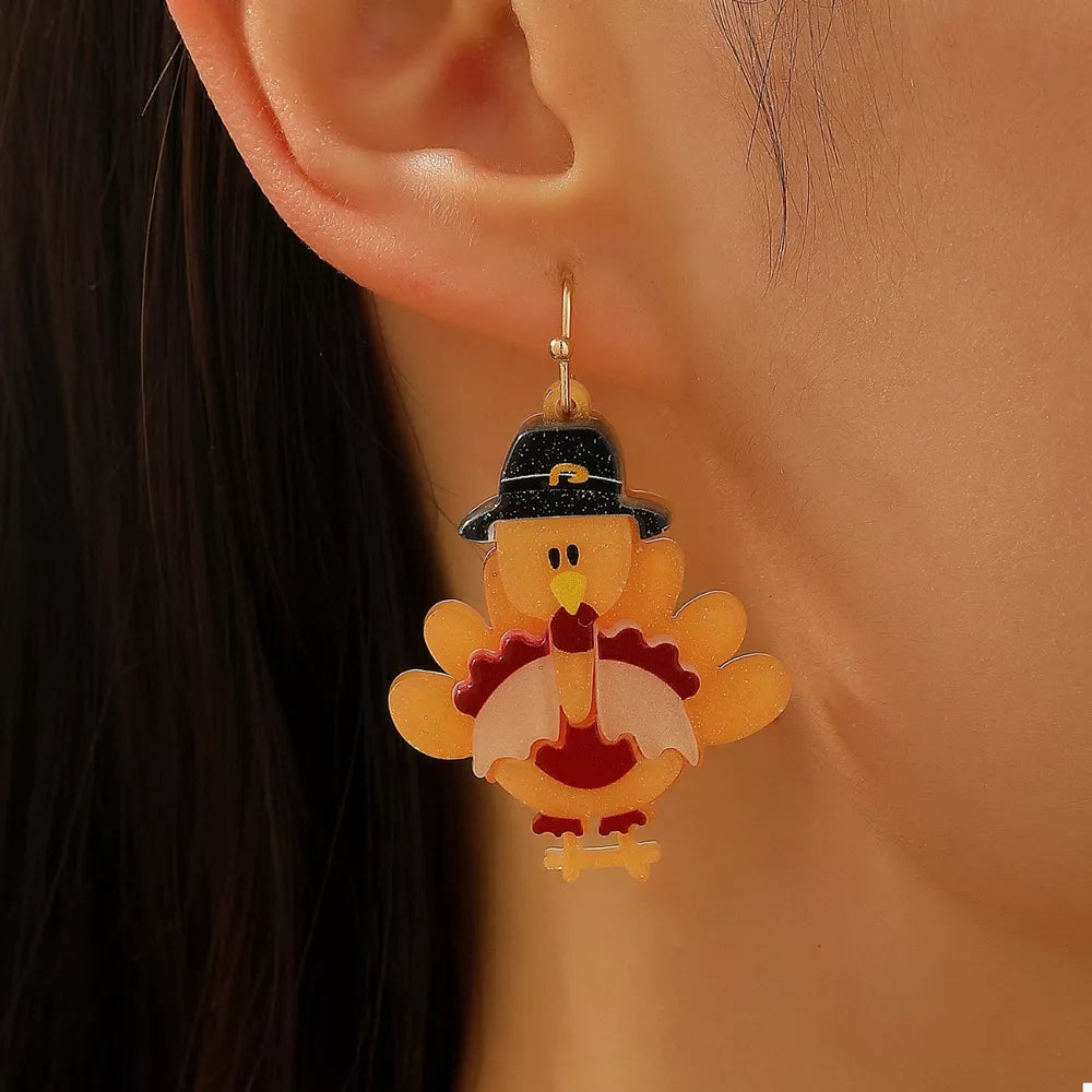 Thanksgiving turkey charm earrings in Style A, featuring a pilgrim hat and acrylic material.