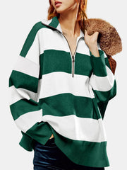Oversized zip-up pullover in dark green and white rugby stripes, acrylic knit.