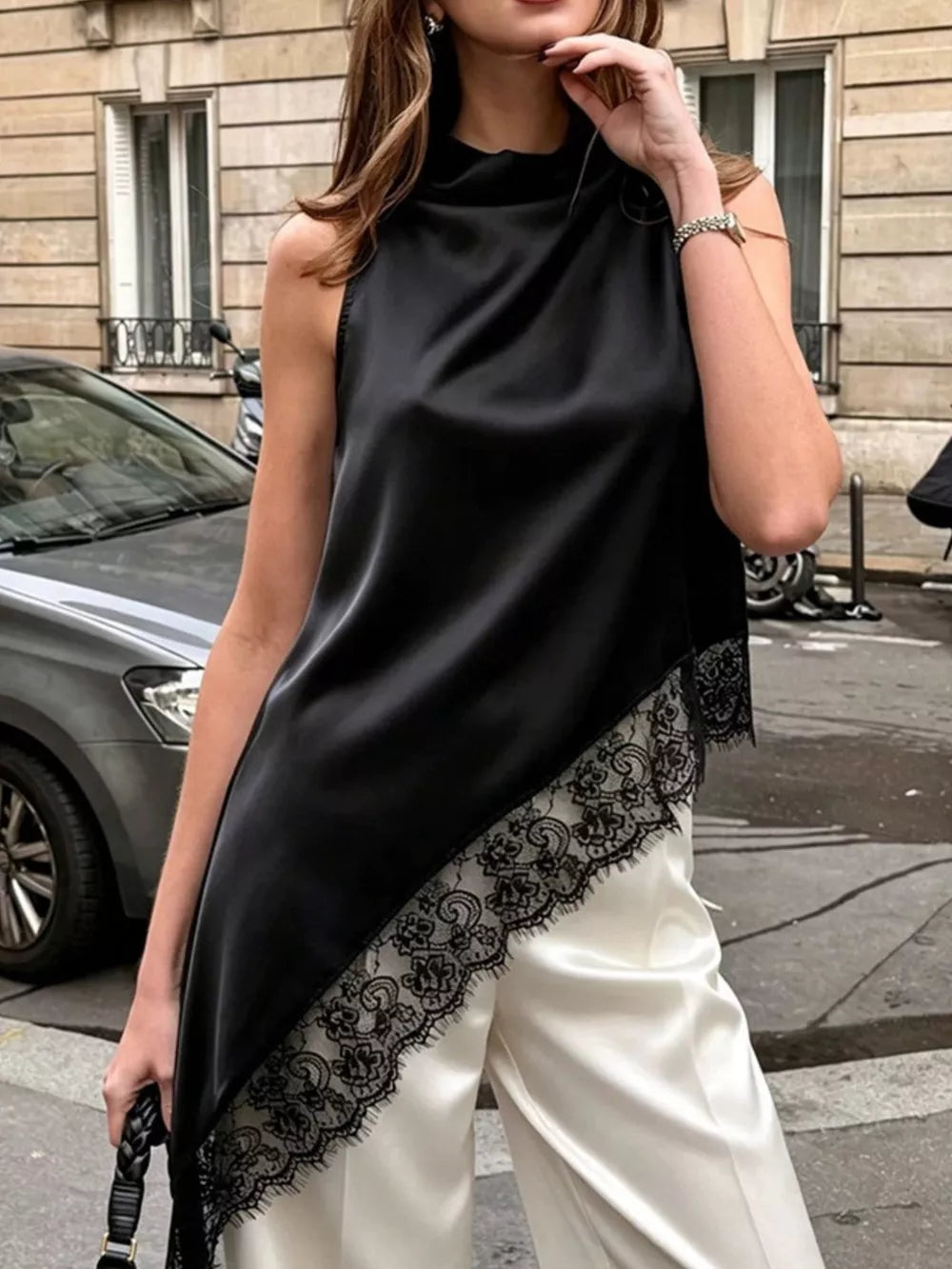 Polka Dot Lace Trim Asymmetrical Hem Sleeveless Blouse in Brown, editorial view