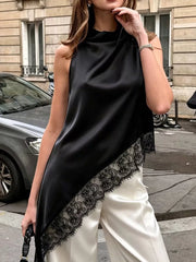 Polka Dot Lace Trim Asymmetrical Hem Sleeveless Blouse in Brown, editorial view
